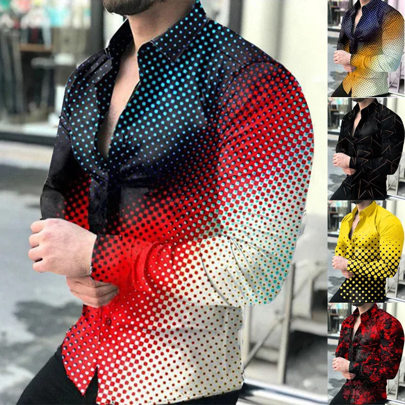 2022 New Geometric Print Shirts Men Fashion Turn-down Collar Buttoned Shirt Men's Autumn Casual Long Sleeve Cardigan Streetwear