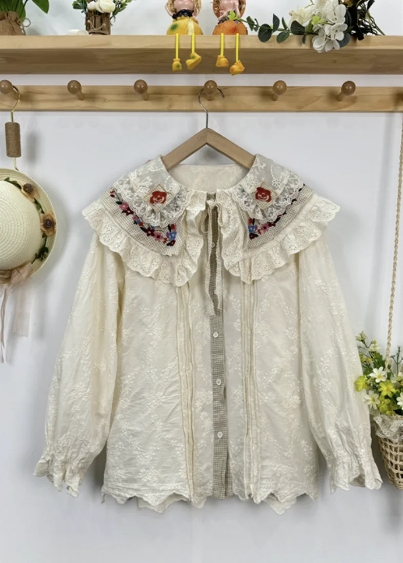 Рубашки и блузки с вышивкой Mori kei в японском стиле ретро двойным воротником