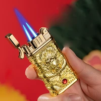 personality dragon fashion pattern creative metal double straight flush blue flame lighter cigar windproof butane gas lighter