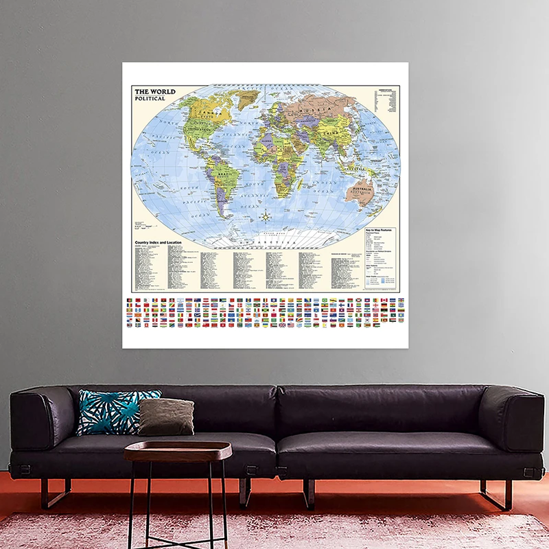 

Карта мира с национальными флагами, холст на английском языке, 90x90 см, картина, настенный художественный плакат, Образовательное украшение, школьные классные принадлежности