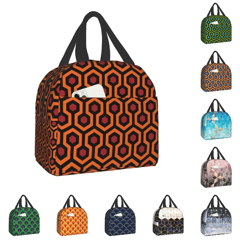 Orange Shining Looped Hexagons Carpet Insulated Lunch Bags for Women Kids School Vintage Geometric Thermal Cooler Bento Box