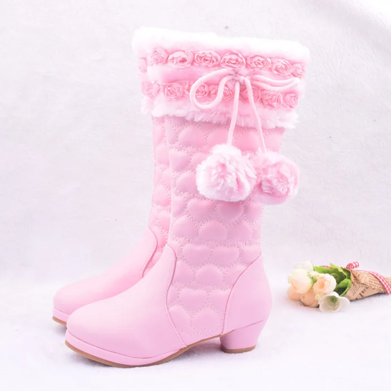 Spot Girl Boots Winter New Korean Version Of The Princess High Heeled Cotton Boots Kids Sweet Fur High Kids Winter Boots Girls