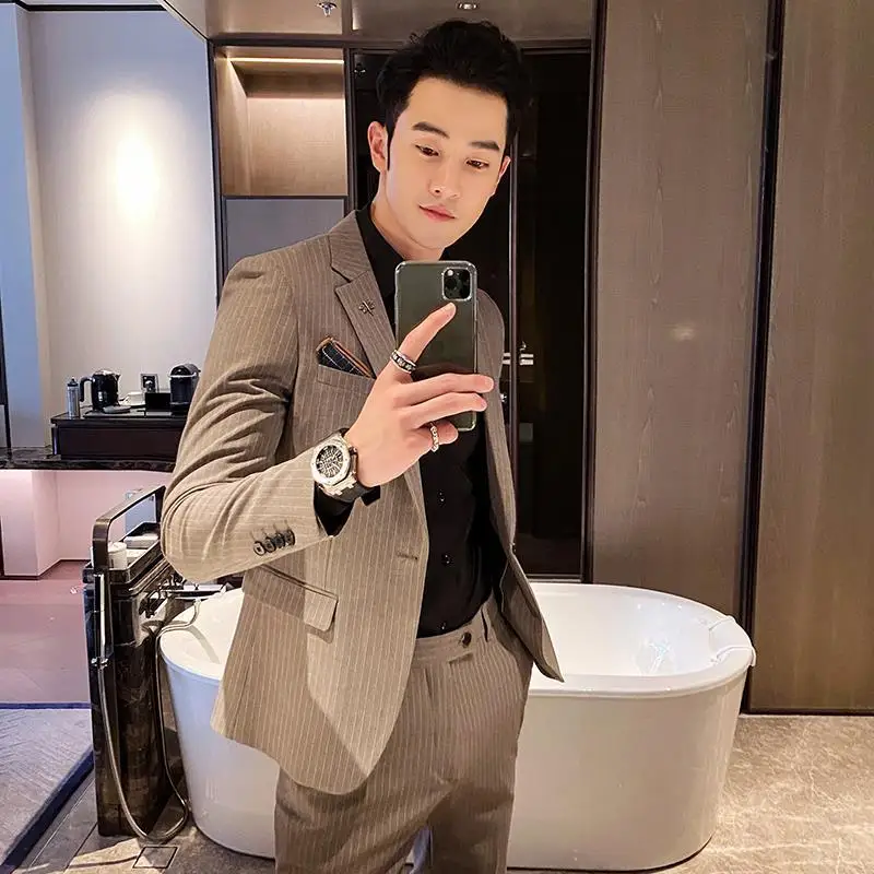 Мужской костюм в полоску 2-F1 красивый Молодежный Повседневный маленький куртка