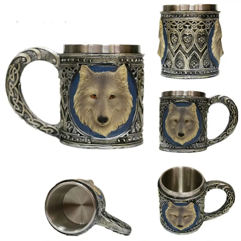 

Classic 150ml 18/8 Stainless Steel Coffee&Tea Cup 3D Modeling Goblet Beer Mug 450ml Resin Carving Wolf Totem Red Wine Cups