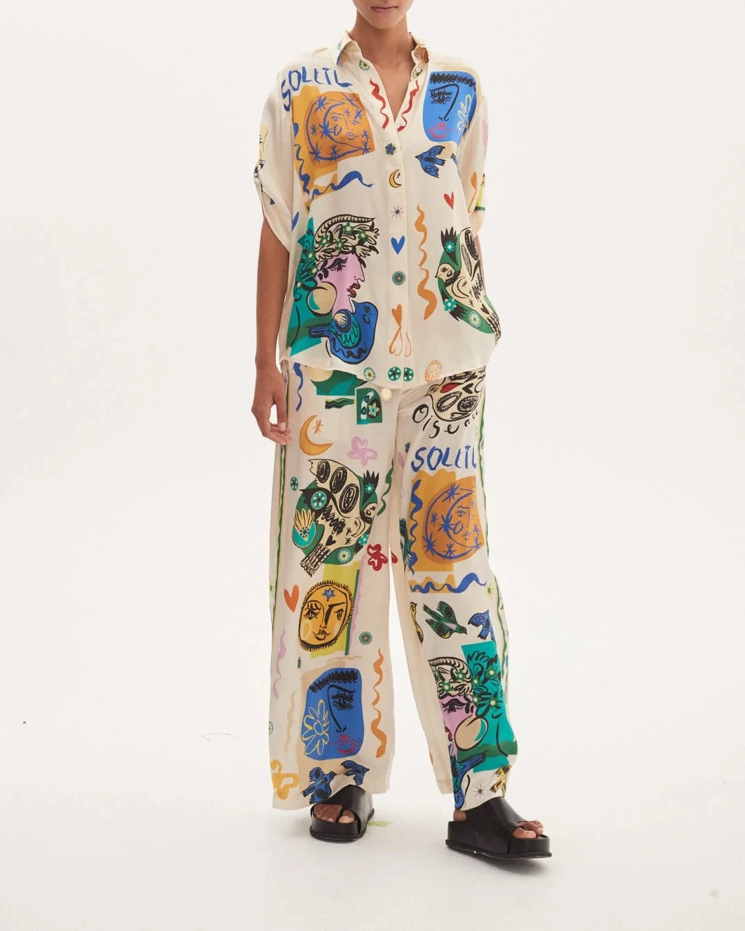 

Autumn New 2022 Top Qaulity Special Printing Women Suits Half Sleeve Straight Blouse and Wide Leg All-matching Pants