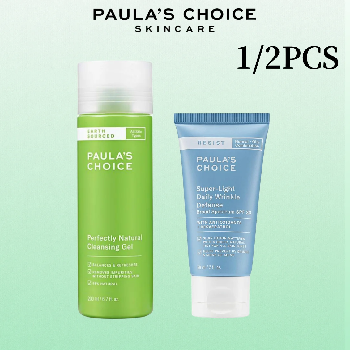 

1/2PCS Paulas Choice Perfectly Natural Cleansing Gel & Resist Super-Light Daily Wrinkle Defense SPF 30 Deep Cleaning Antioxidant