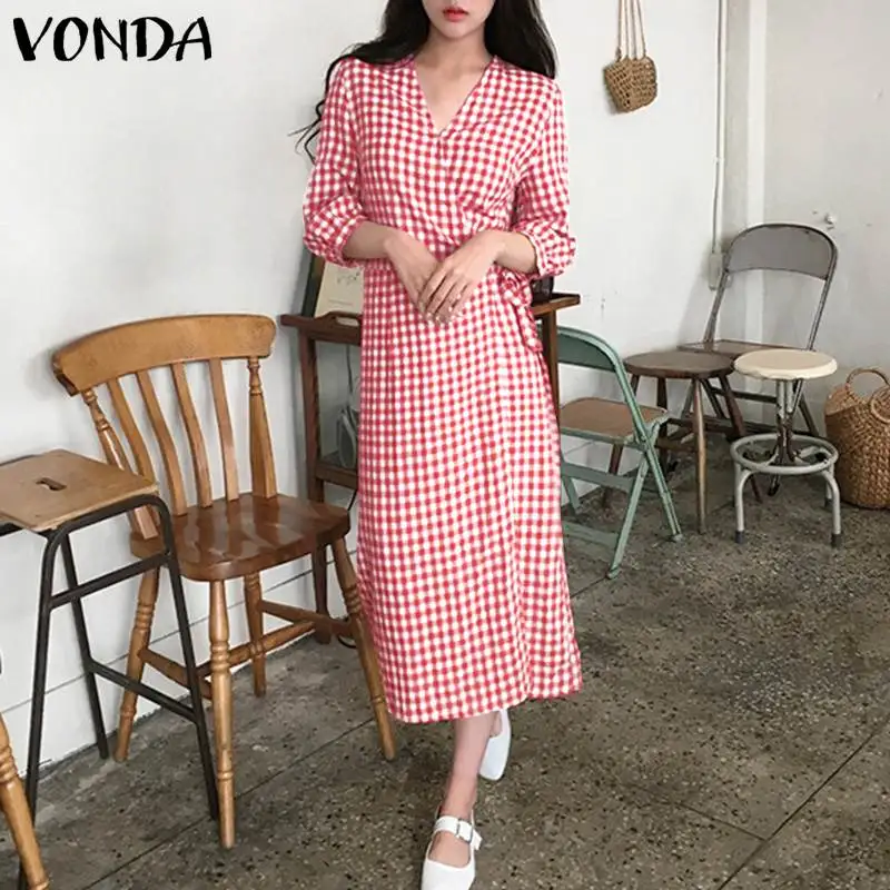 

VONDA 2022 Elegant Women Long Sleeve Vestidos Femme V Neck Plaid Party Dress Female Casual Vestido Party Long Sundress Oversized