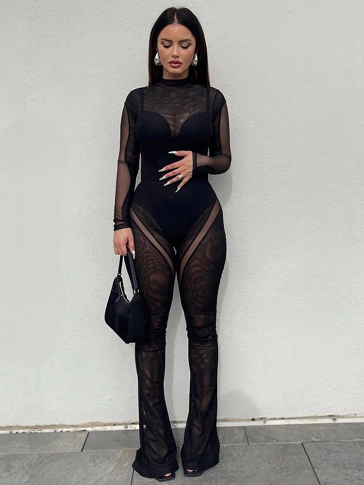 

Macheda Sexy Mesh See Through Two Pieces Sets Women Elegant Long Sleeve Bodysuit and High Waist Flare Pants Matching Sets