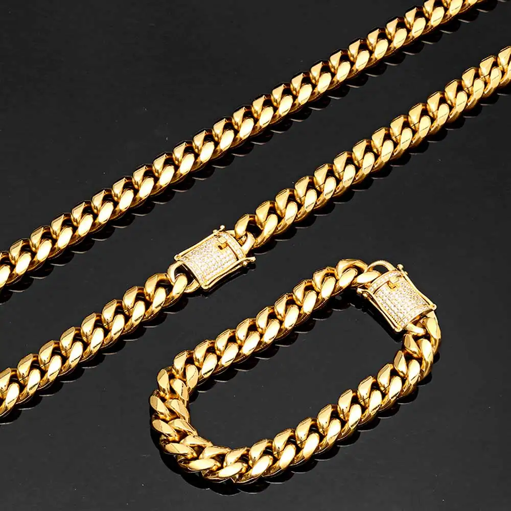 12mm Trendy Jewelry 316L Stainless Steel 18k Gold Plated Miami Cuban Curb Link Chain Men Women Necklace