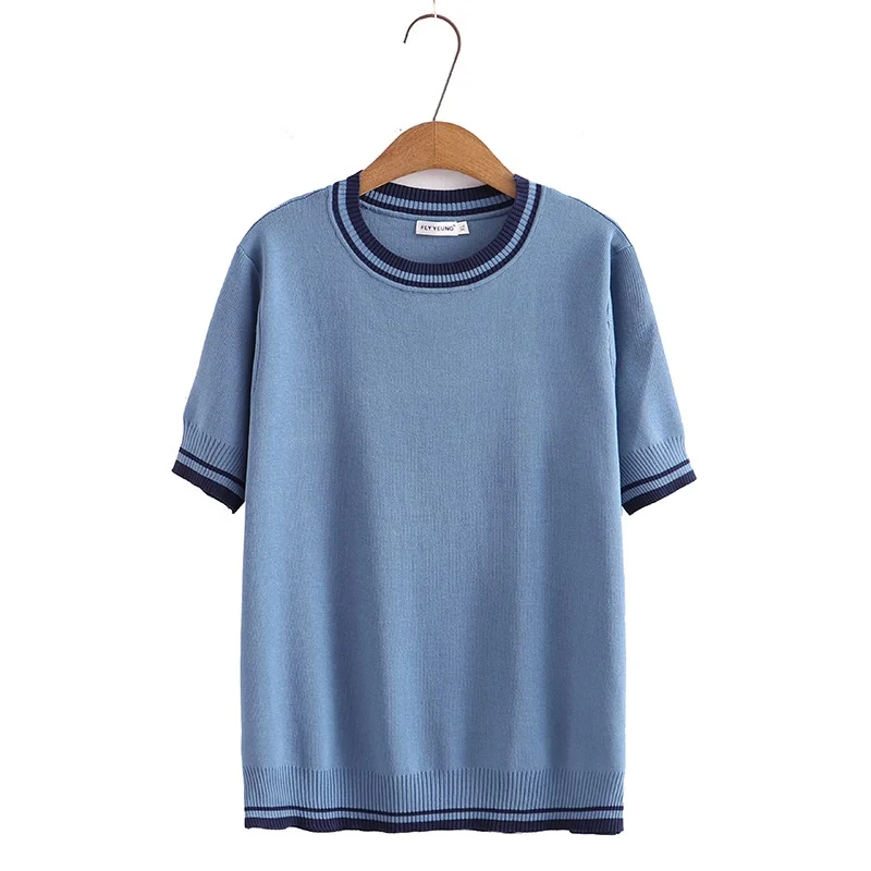 

Plus Size Women's XL-3XL Short Sleeve Striped Summer Shirts Oversized A-line Knitted Vintage Female Tops White Black Casual Top