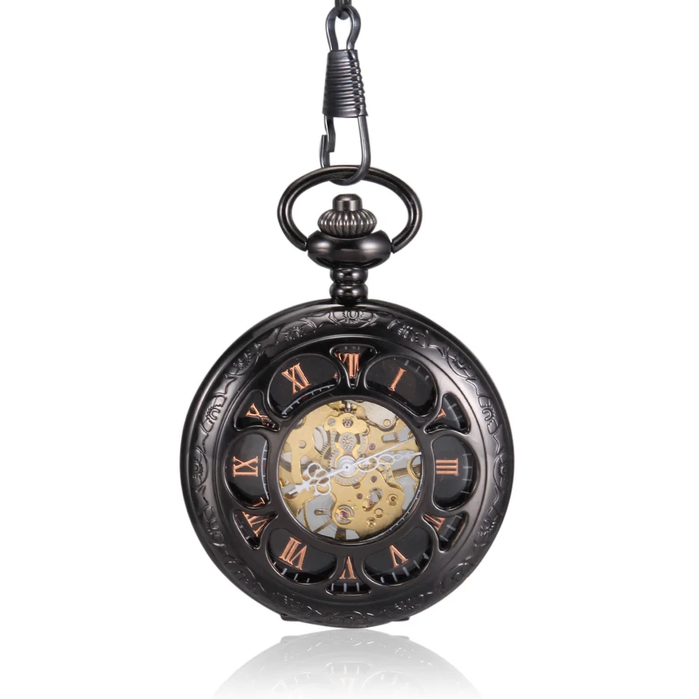 

Men Women Quartz Black Hollow Petal Carved Case With Chain