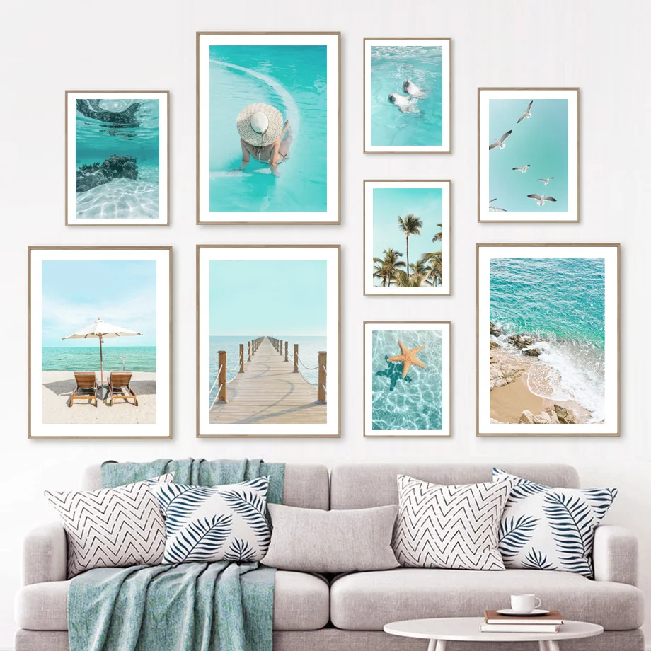 

Wall Art Print Canvas Painting Caribbean Beach Palm Tree Sea Waves Starfish Seagull Dolphin Nordic Poster Family Room Decoration