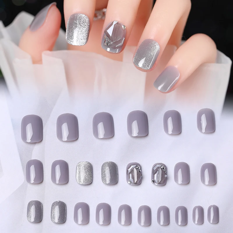 

24PCS Glitter Grey Patch Sweet Style Removable Midi Paragraph Manicure Glue Type False Ongles Faux Long Pointed Durable Head