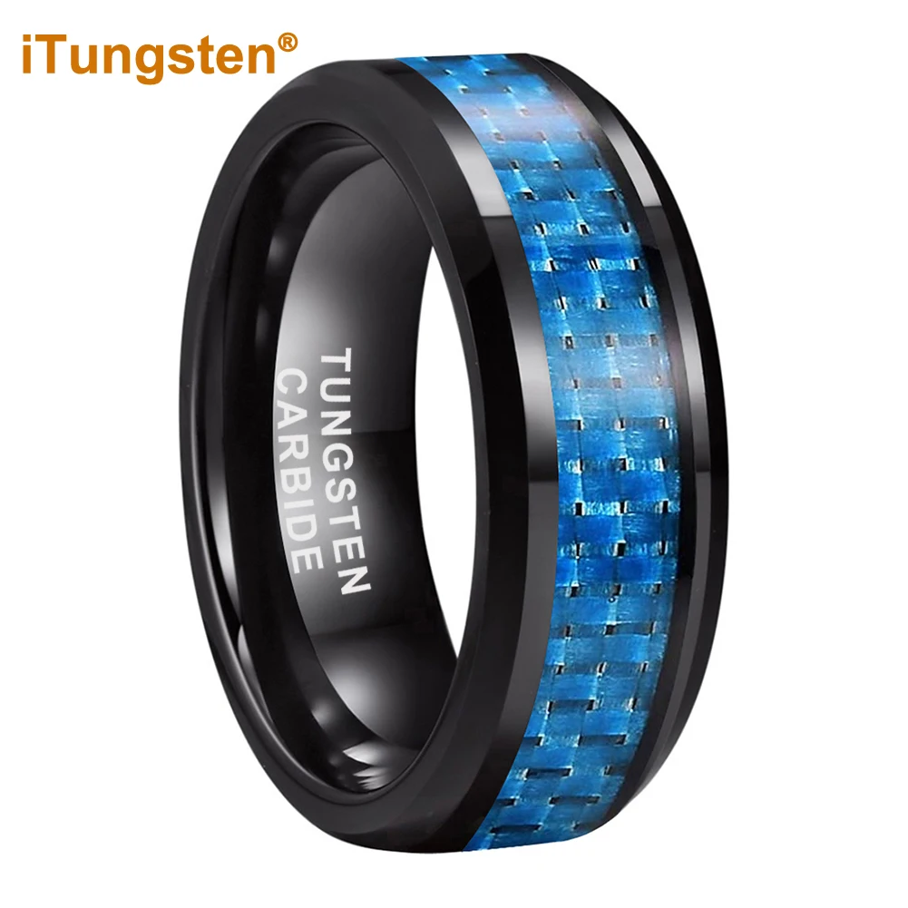 

iTungsten 6mm 8mm Black Tungsten Ring for Men Women Wedding Band Blue Carbon Fiber Inlay Fashion Jewelry Beveled Comfort Fit