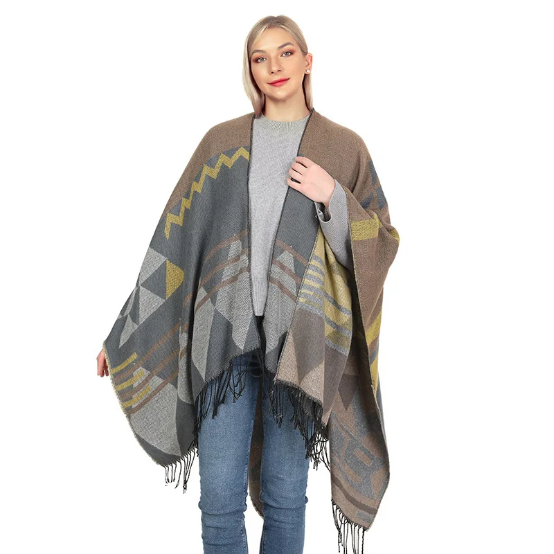Autumn Winter Geometric pattern tassel Double sided Split Warm Cape Women Imitation Cashmere  Poncho Lady Capes  Cloaks