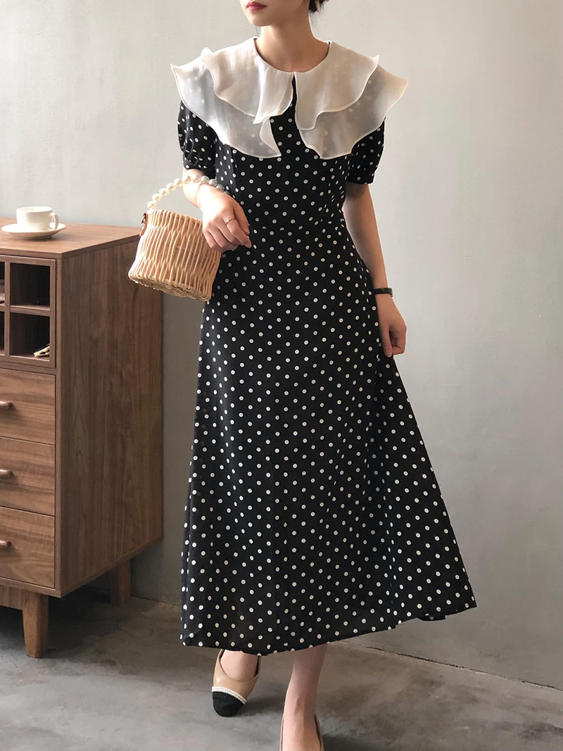 

Summer Fashion Sweet Elegant Dotted Short Sleeve Ruffles Collar Chic Midi Dresses Women Ladies A-line Long Dress Vintage Black