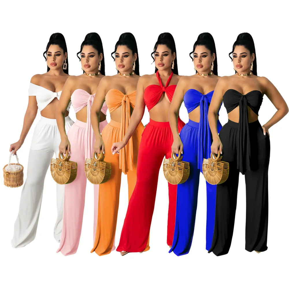 

Women Sexy 2 Piece Summer Set Women Casual Solid Color Wide Leg Pants + Frenulum Tube Top Suit Evening Dresses Party Outfits