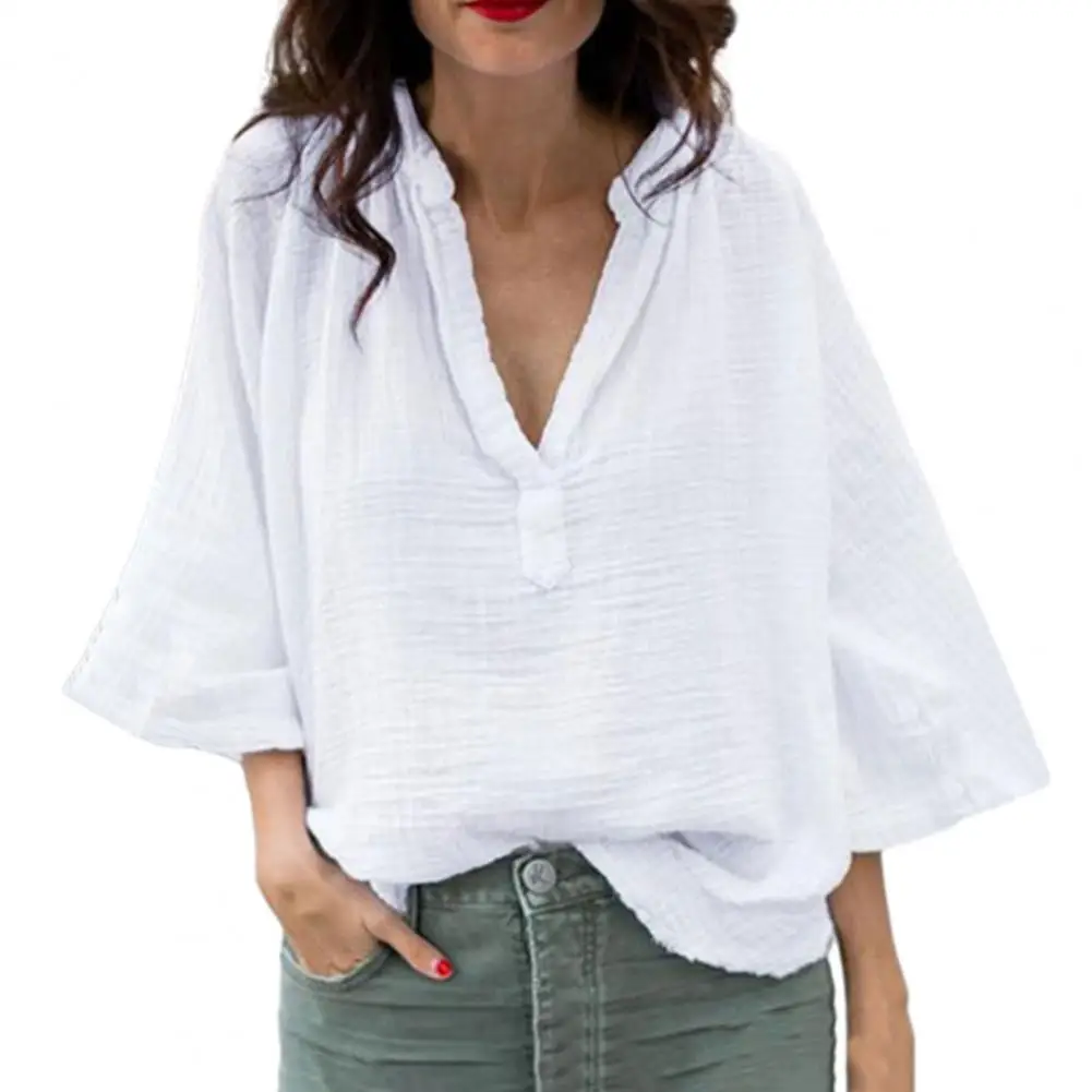 

Lightweight Comfortable Shirt Chic Streetwear Women's Autumn V-neck Pullover Tops Simple Casual Loose-fit Shirts in Solid Colors