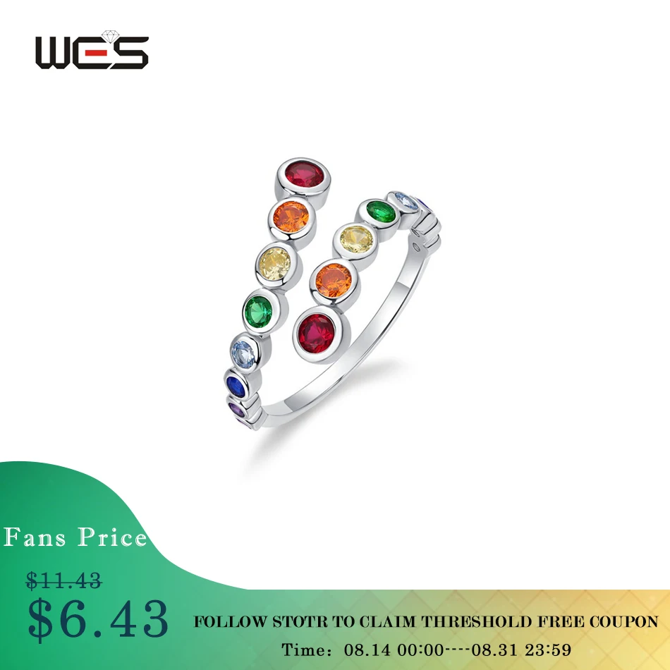 

WES 925 Sterling Silver Rings for Women Rainbow Crystal Colorful Zicron 2.8*2.8mm Party Wedding Engagement Gift Fine Jewelry