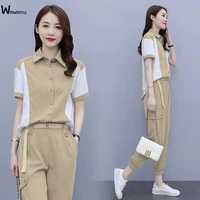 summer casual shirts 2 piece set women korean lapel short sleeve blouseloose capris jogging pant suit elegant oversized outfits