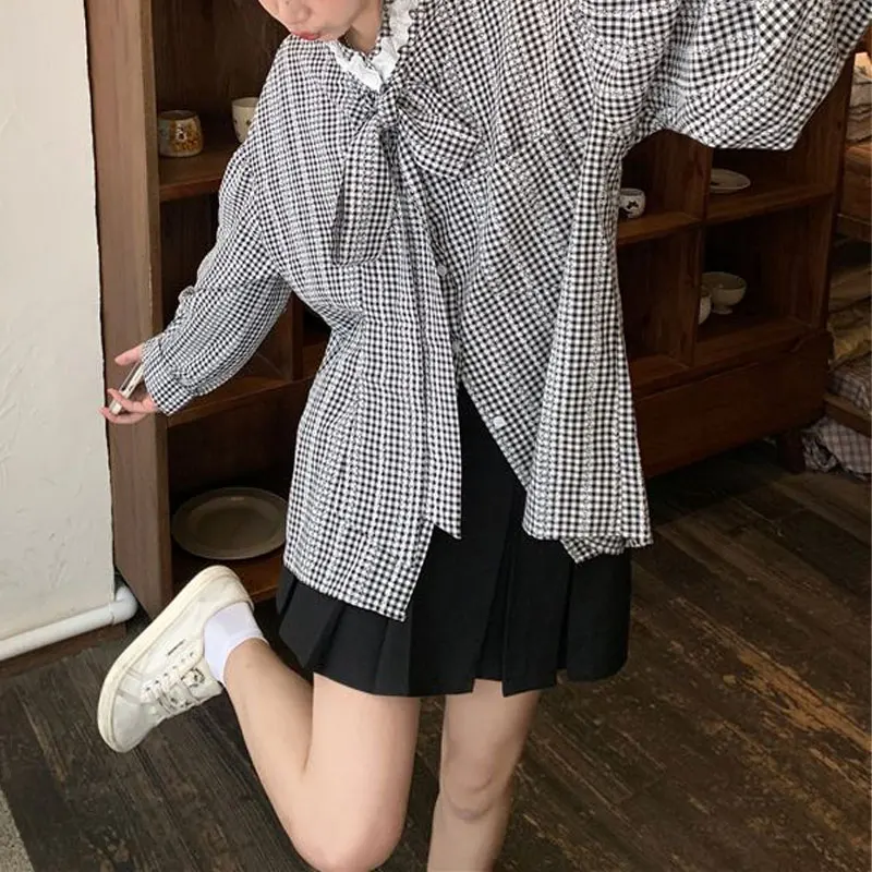 Свободная блузка с кружевом для поездок на работу клетчатая женская одежда