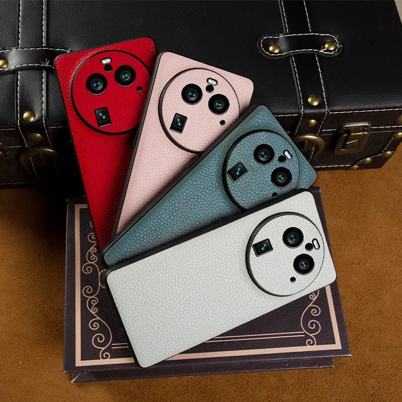 

Classic Solid Color Genuine Leather Back Cover For OPPO Find X6 Pro Reno 9 Pro Plus Shockproof Anti-Drop Phone Case