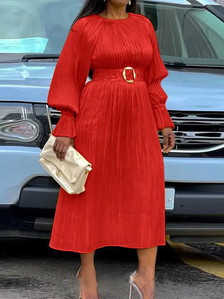 

2023 летнее женское платье VONDA в богемном стиле, элегантный однотонный плиссированный пляжный сарафан с высокой талией и длинным рукавом, женское платье с поясом