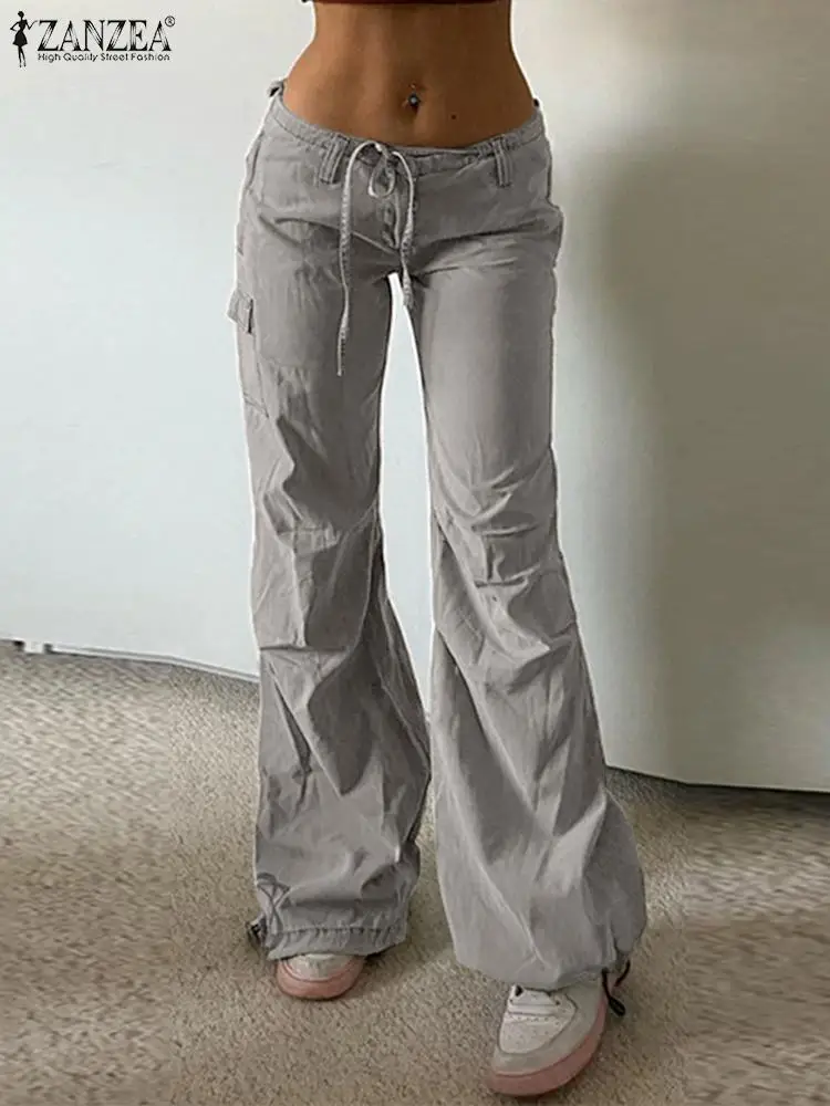 

ZANZEA Wide Leg Cargo Pants Femme Drawstring Streetwear Korean Style Fashion Long Trousers Pockets 2022 Autumn Women Jogger Pant