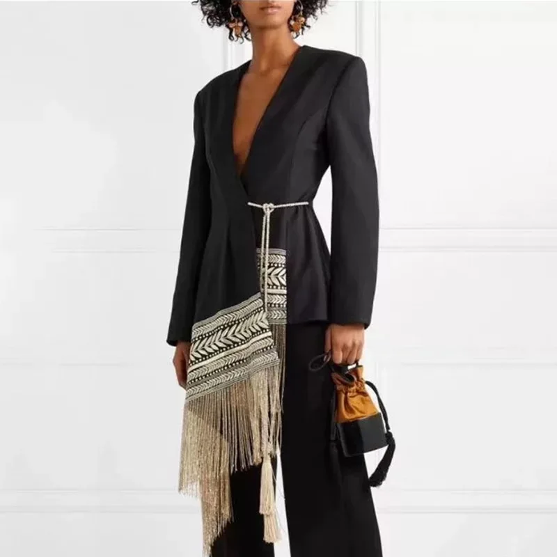 Embroidered Jacquard Tether Hem Irregular Fringe Small Suit Ladies Office Work Slim Temperament Jacket 2023 New Ladies Long Coat