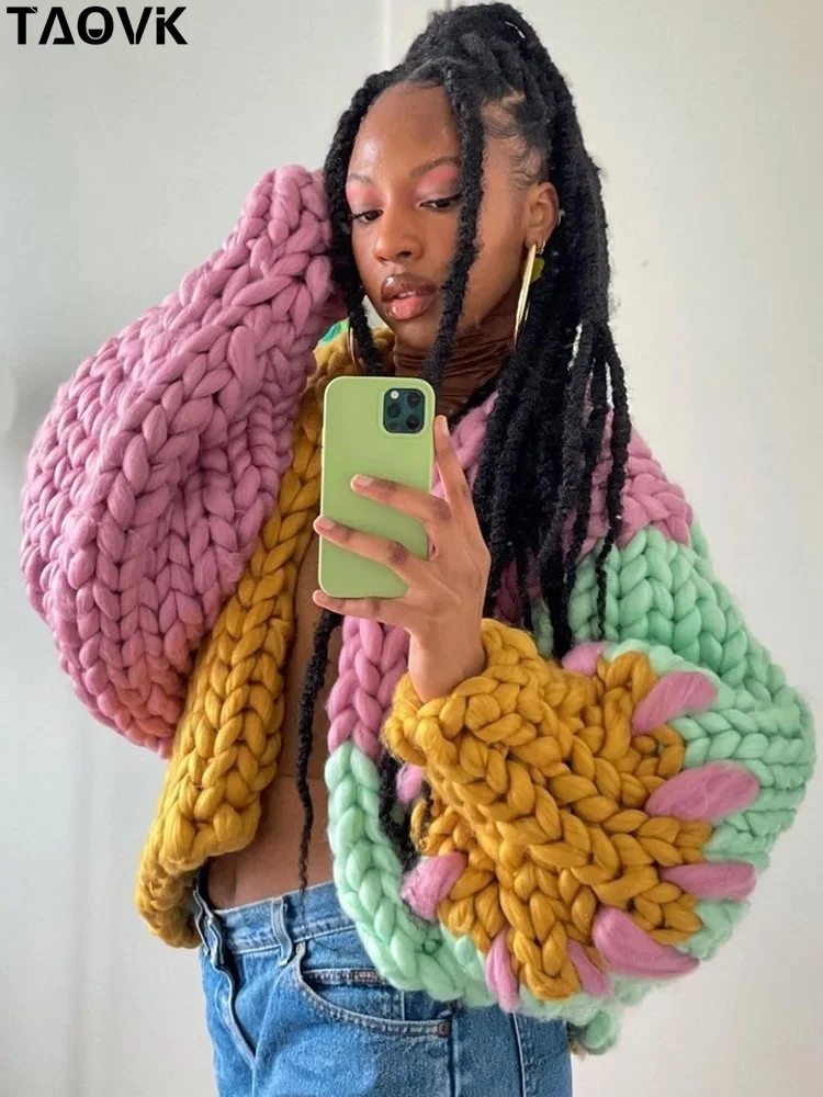 

Контрастные свитеры TAOVK, вязаный кардиган с рукавами-фонариками ручной работы с толстыми нитями, короткий вязаный кардиган, свитер, куртка