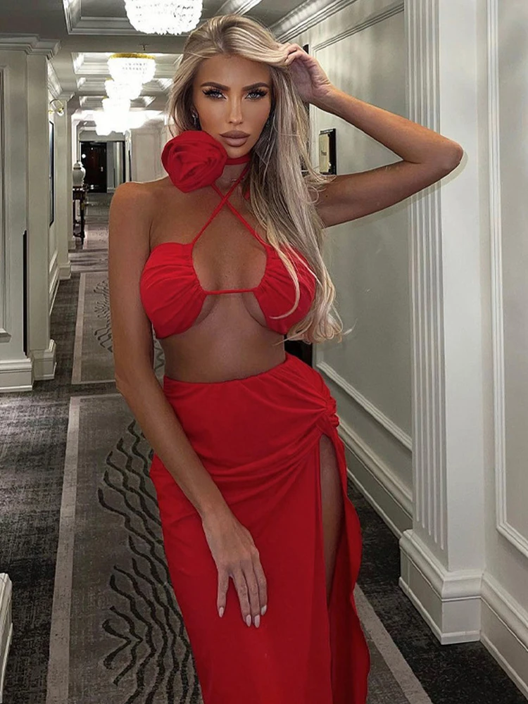 

Women Elegant Party Club Outfits Tie Flower Sexy Long Split Skirts Sets 2023 Summer Halter Strapless Tops and Ruched