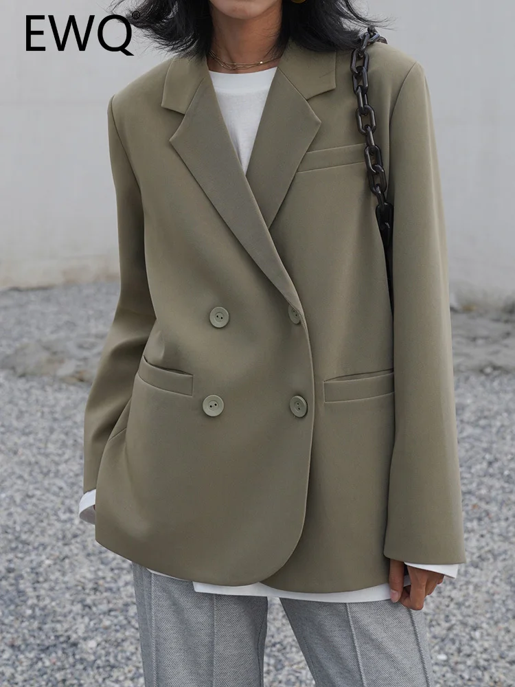 

EWQ Green Blazer For Women Office Lady Style Notched Double Breasted Long Sleeve Elegant Female Jackets 2023 Spring New 26D3015