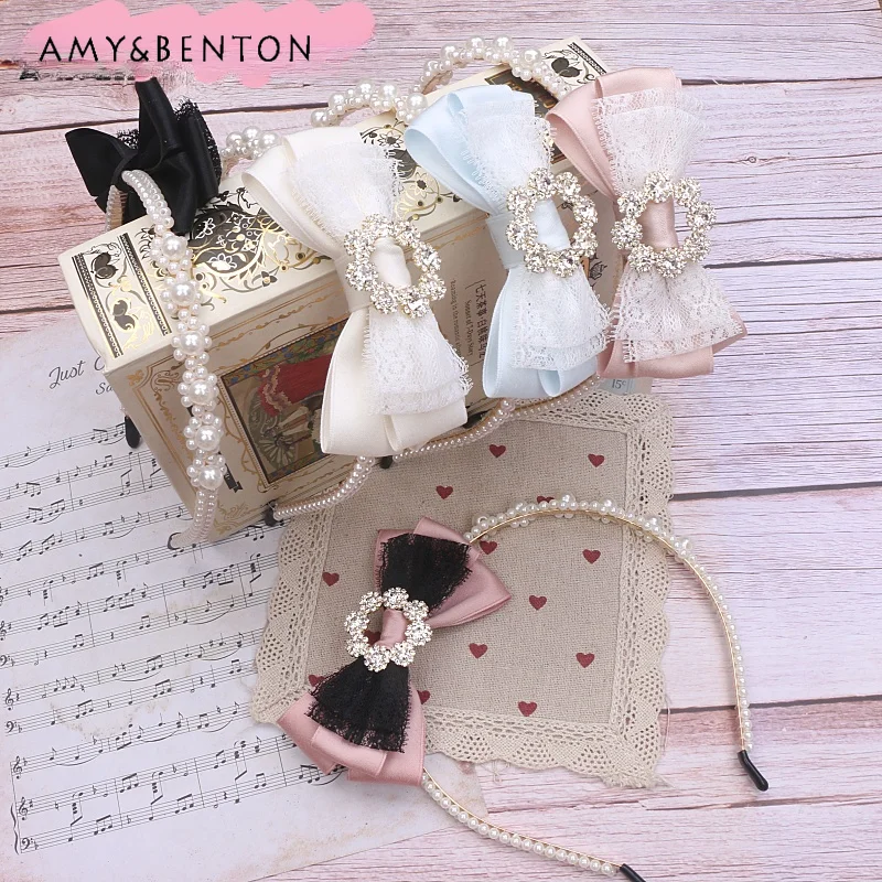 Повязка на голову ручной работы из серии Kawaii Mine Женская Милая Кружевная бант