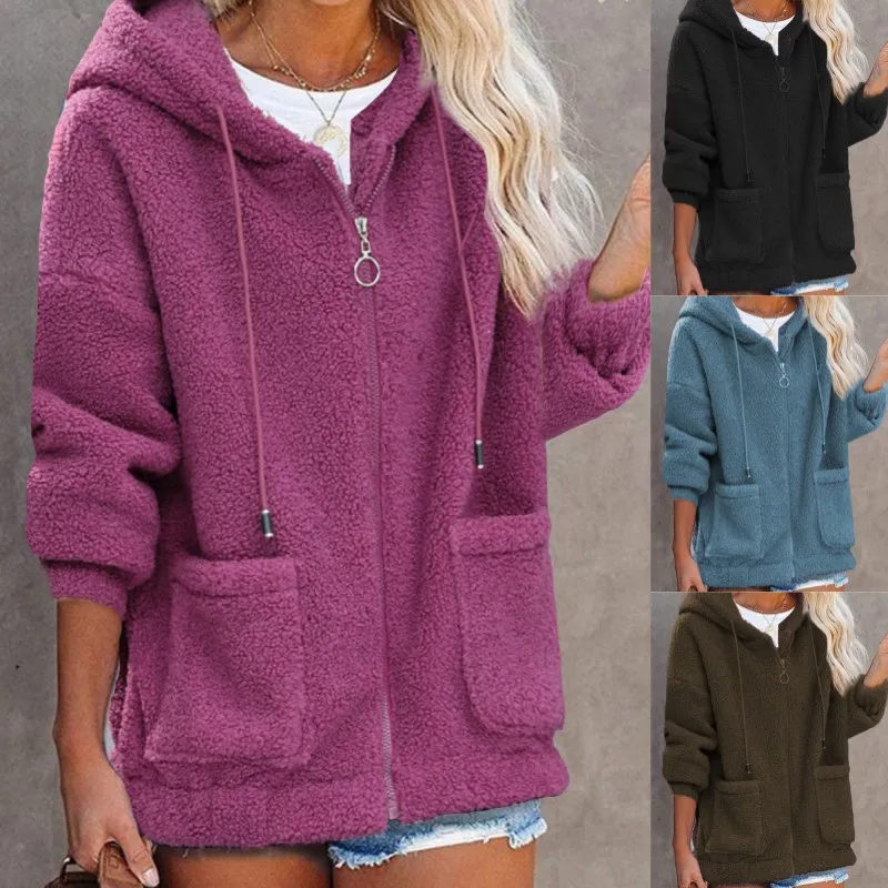 

Fashoin Fleece Coat for Women 2023 New Cardigan Buttonless Print Loose Women Coat Solid Color Hooded Jacket Women