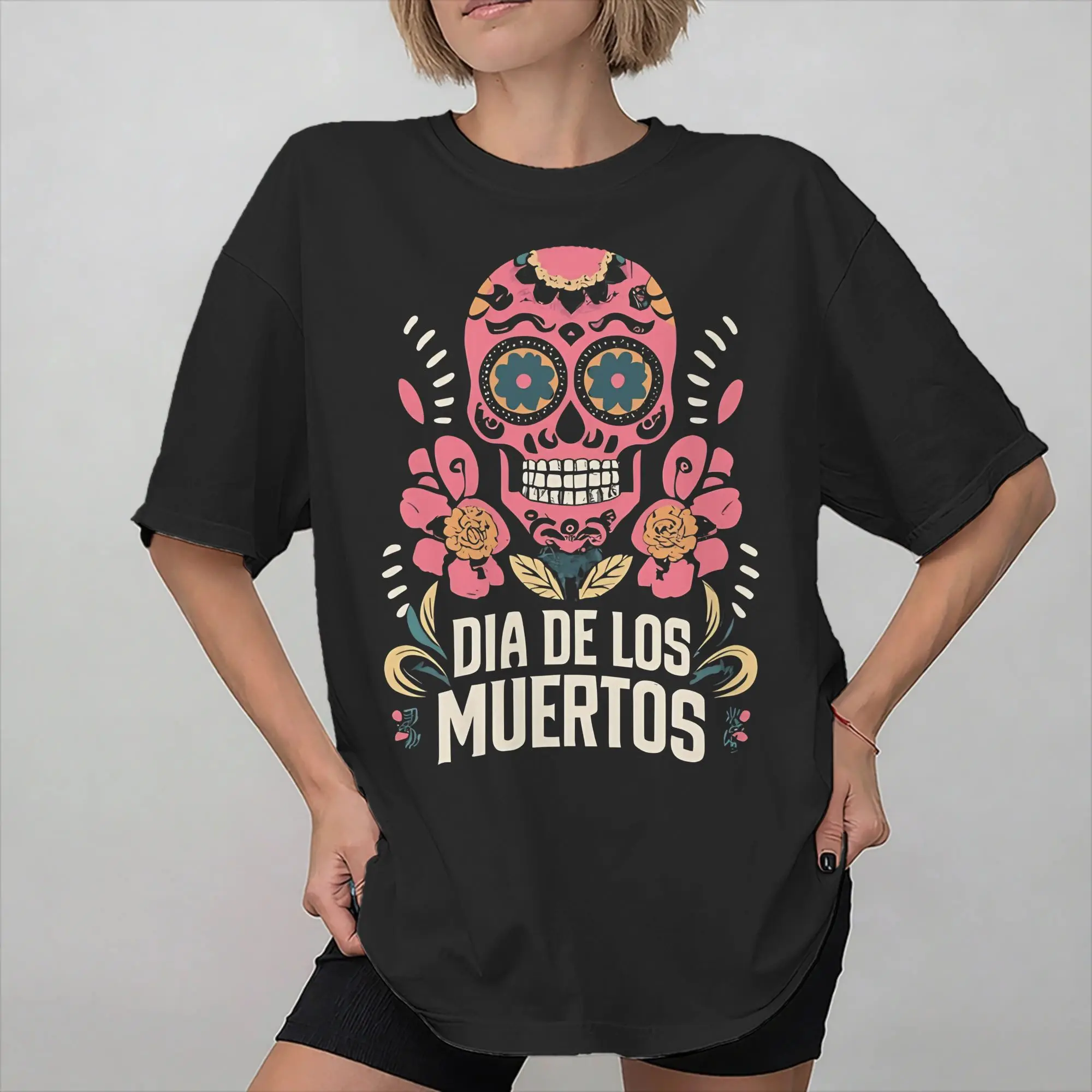 Фото Футболки с принтом La Jefa Skull Graphic Dia de Los Muertos для мужчин и женщин, из чистого хлопка, на День мертвых №1