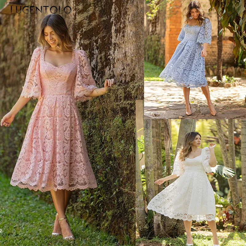 

Women Lace Dress Temperament Spring Summer Slim Elegant Lace-up Lady Solid Big Swing Half Sleeve Long Dresses