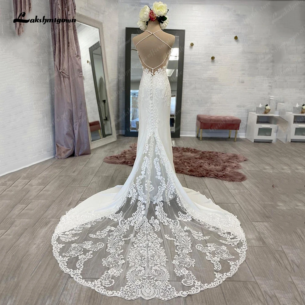 

Lakshmigown Ivory Mermaid Beading Pearls Wedding Dress V-Neck Backless Bridal Gown Illusion Court Train Lace Bride Dresses