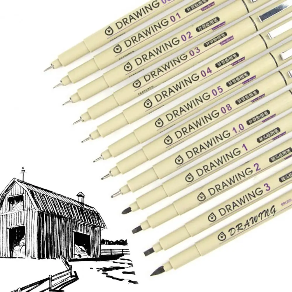 12Pcs Art Drawing Pen Black Sketching Painting Pen Comfortable Grip Clear Lines Metal Clip Micro Fine Line Drawing Art Pen