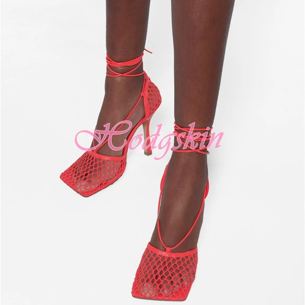 Square Toe Mesh Sandals Lace Up Solid Stiletto Heels Women Shoes Straps Summer Party Dress Designer Sandals New Style Hollow