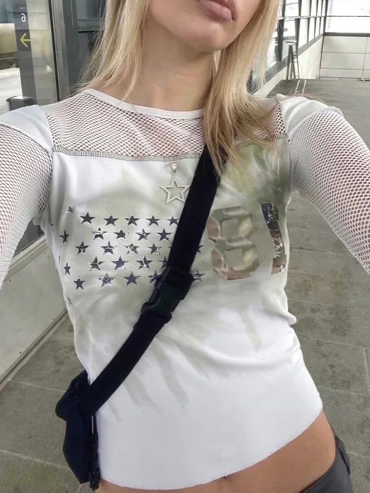 

Короткий топ Pokiha Y2K с принтом, сетчатая Лоскутная футболка с длинным рукавом в стиле гранж, женская уличная одежда, цифровая шикарная футболка, ретро одежда