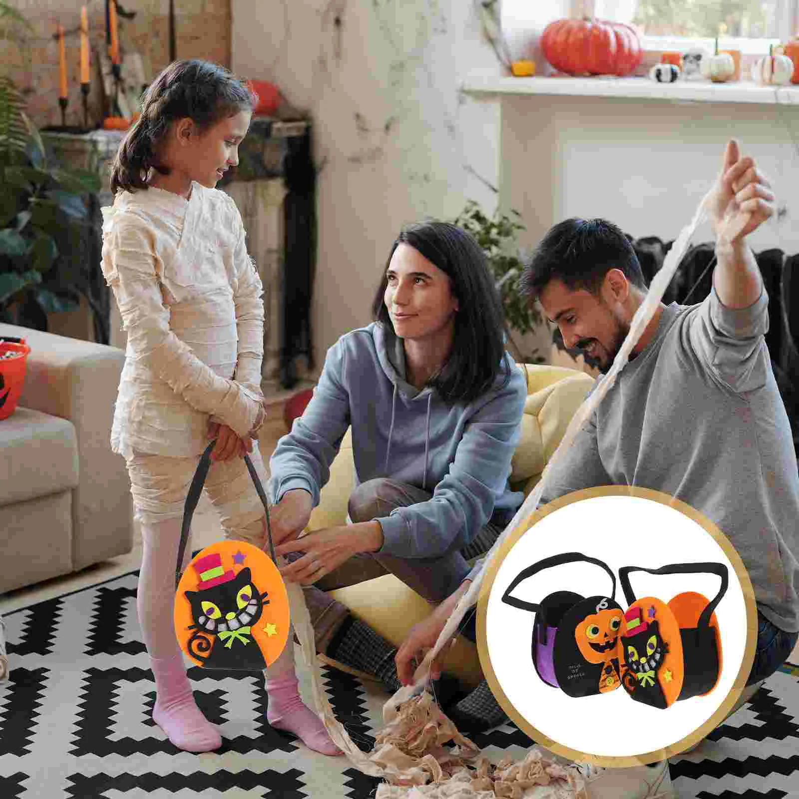 

2pcs Bags Felt Tote Basket Pumpkin Candy Bags with Handles Trick or Treat Party Favors