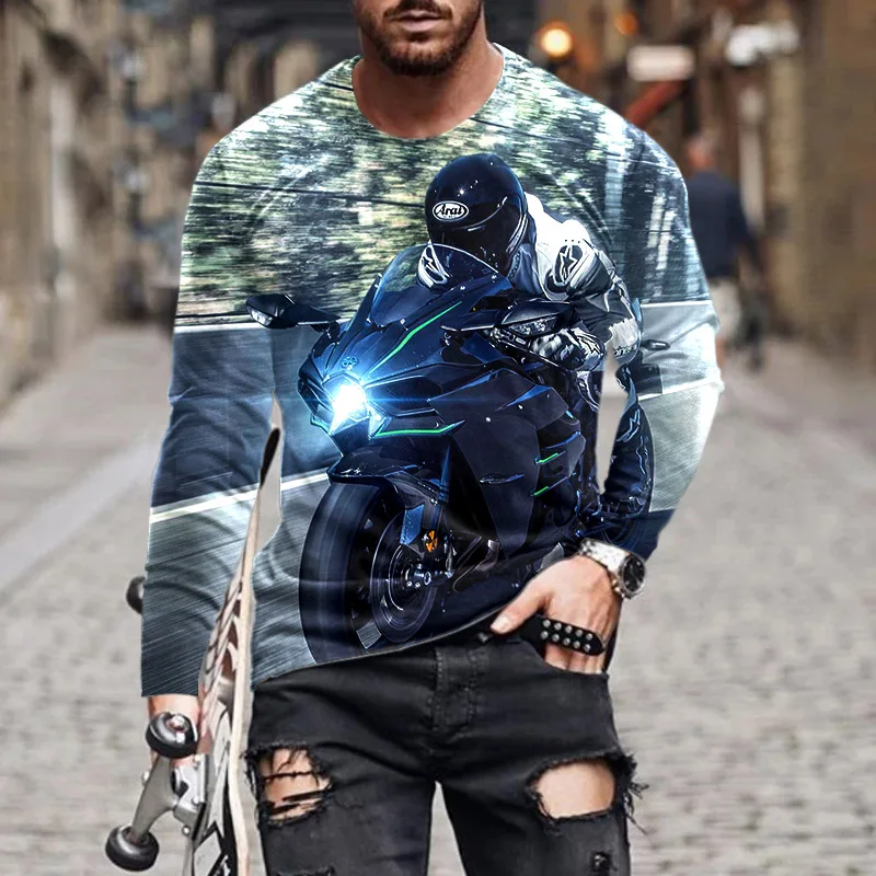 

2022 Men's T-Shirt Leisure Locomotive Sports 3D Digital Printed Long Sleeve Tee Street Trend Fitness Round Neck Pullover