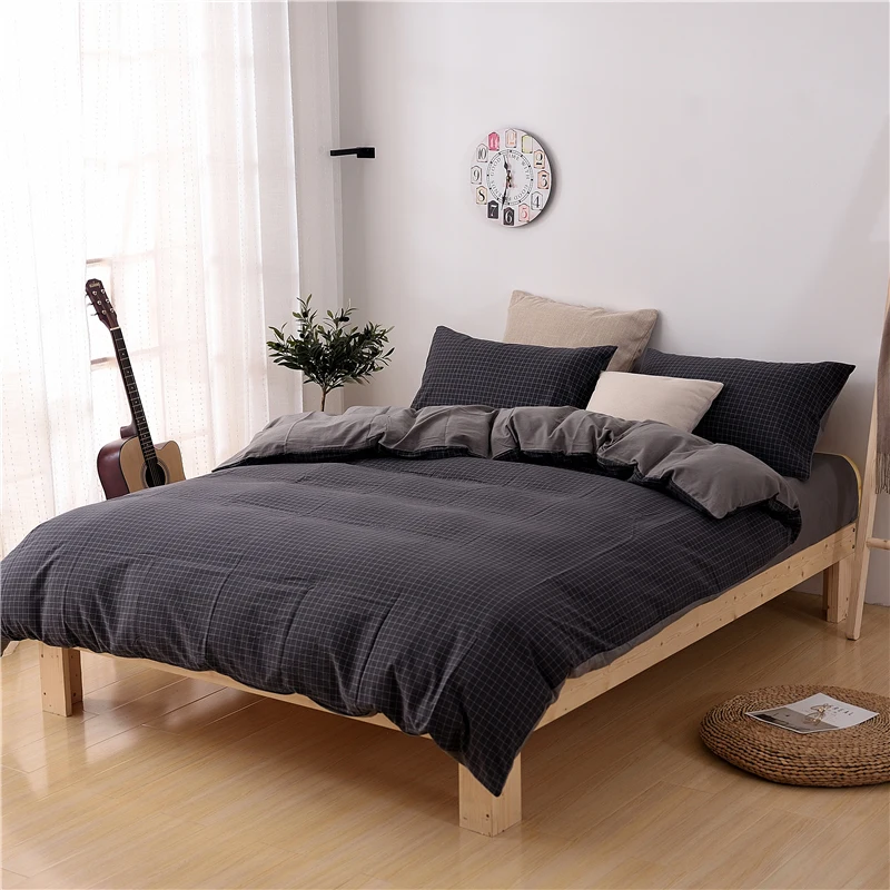 

100% Washed Cotton Black Plaid Bedding Set,Duvet Cover 200x200,Full Size,Customizable size