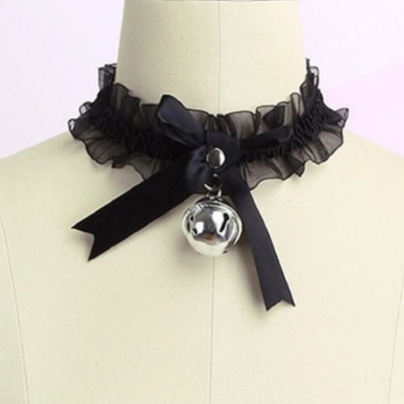 

Женское кружевное ожерелье с бантом, цепочка до ключиц с кристаллами и подвеской-колокольчиком, чокер, аксессуары для одежды, белый и черный...
