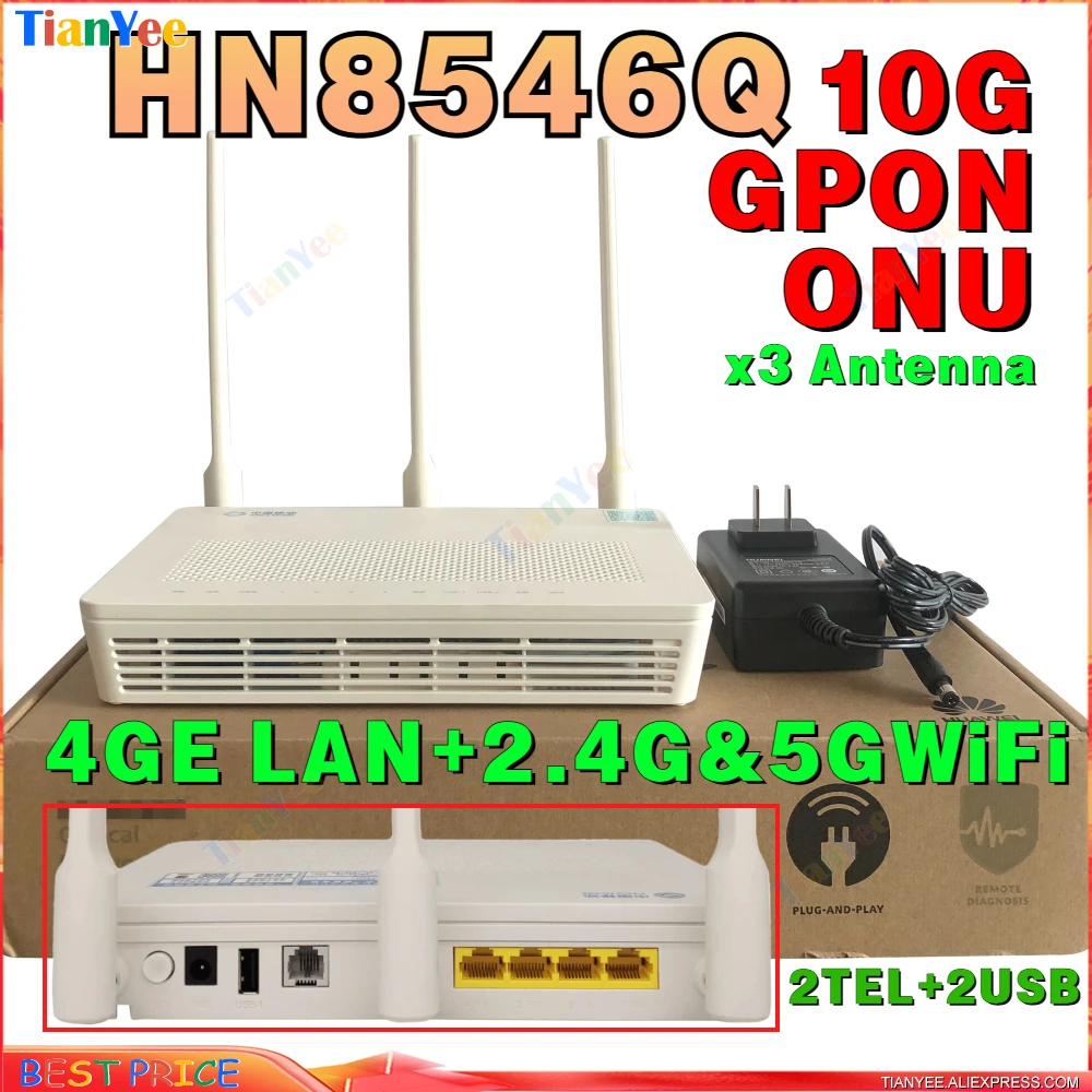 

100% original New Novo 10G ONT HN8546Q 10GE XGPON ONU Router HGU 4GE LAN Dual Band WIFI 2.4&5GHz with power source free shipping