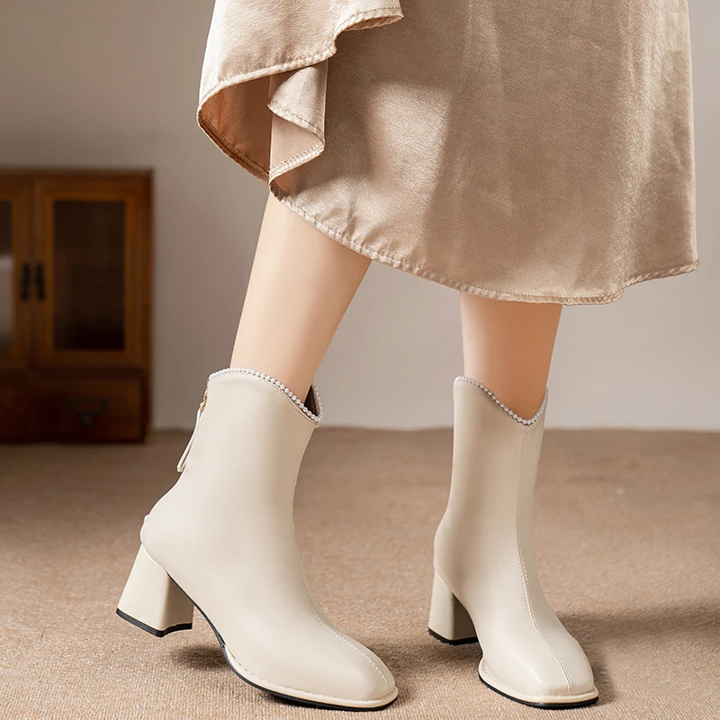 Женские кожаные ботильоны в стиле ретро ботинки на высоком каблуке с квадратным