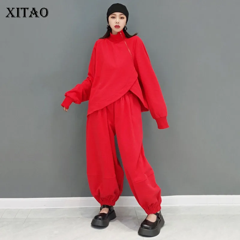 

XITAO/комплект из двух предметов; Красный женский Асимметричный топ с длинными рукавами и эластичной резинкой на талии; Длинные брюки; Модель ...