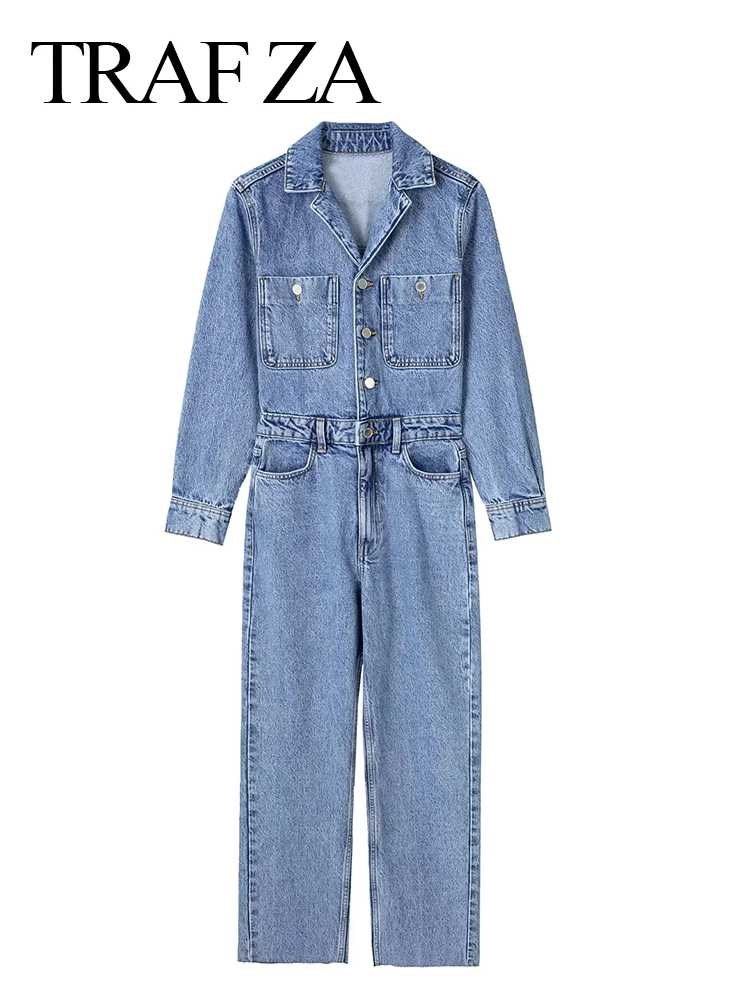 TRAFZA 2023 Women High Waist Denim Jumpsuit Blue Solid Jeans Women Elegant Long Jumpsuits Long Sleeve Denim Jumpsuit For Women