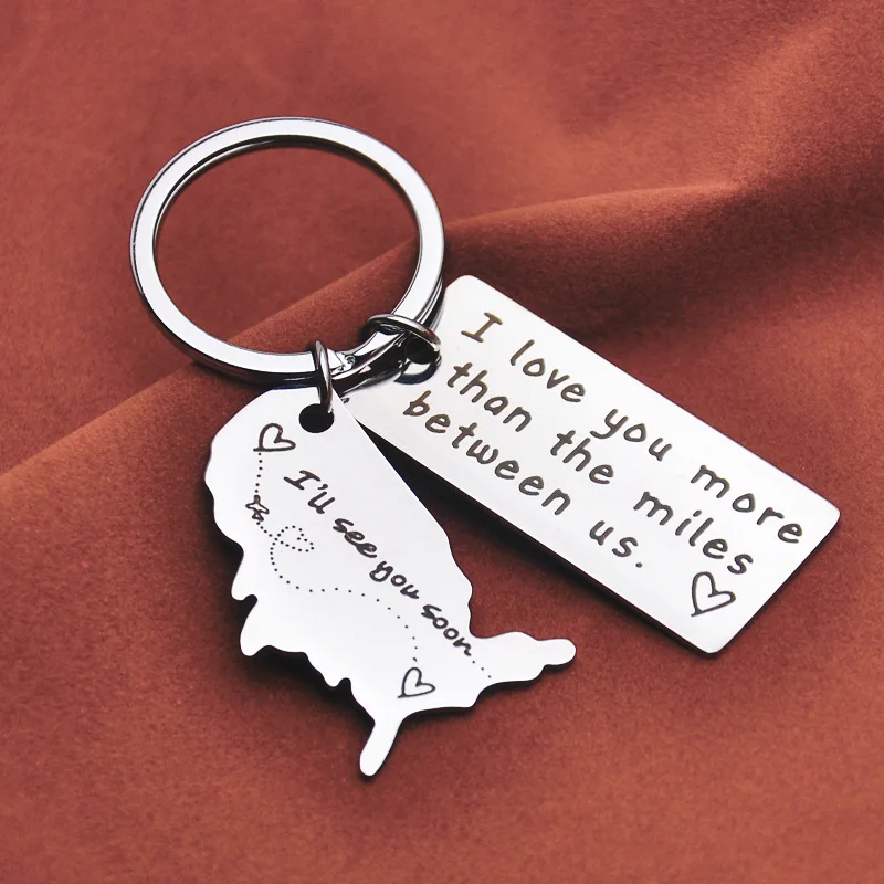 

i love you more than the miles Bewteen us USA American map KeyChain Ring Stainless Steel Women Jewelry Accessories Fashion Gift