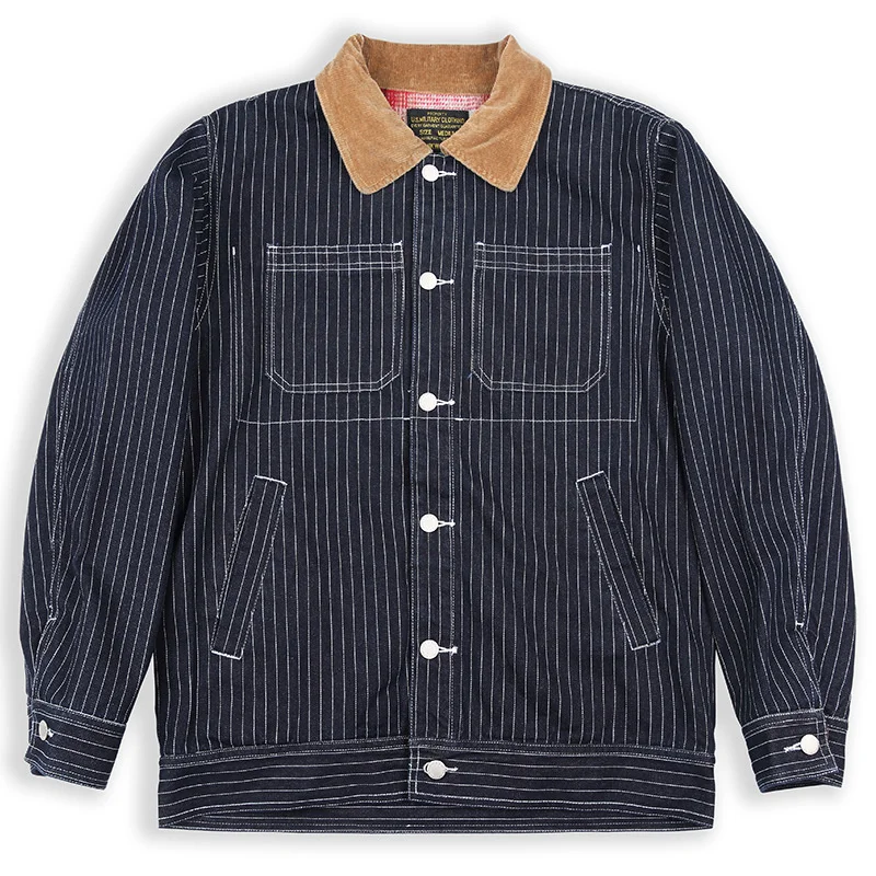 

Denim Jackets With Men/Women's Thickened Gingham Wool Lining Corduroy Collar vs AMEKAJI Workwear Style Striped Coat